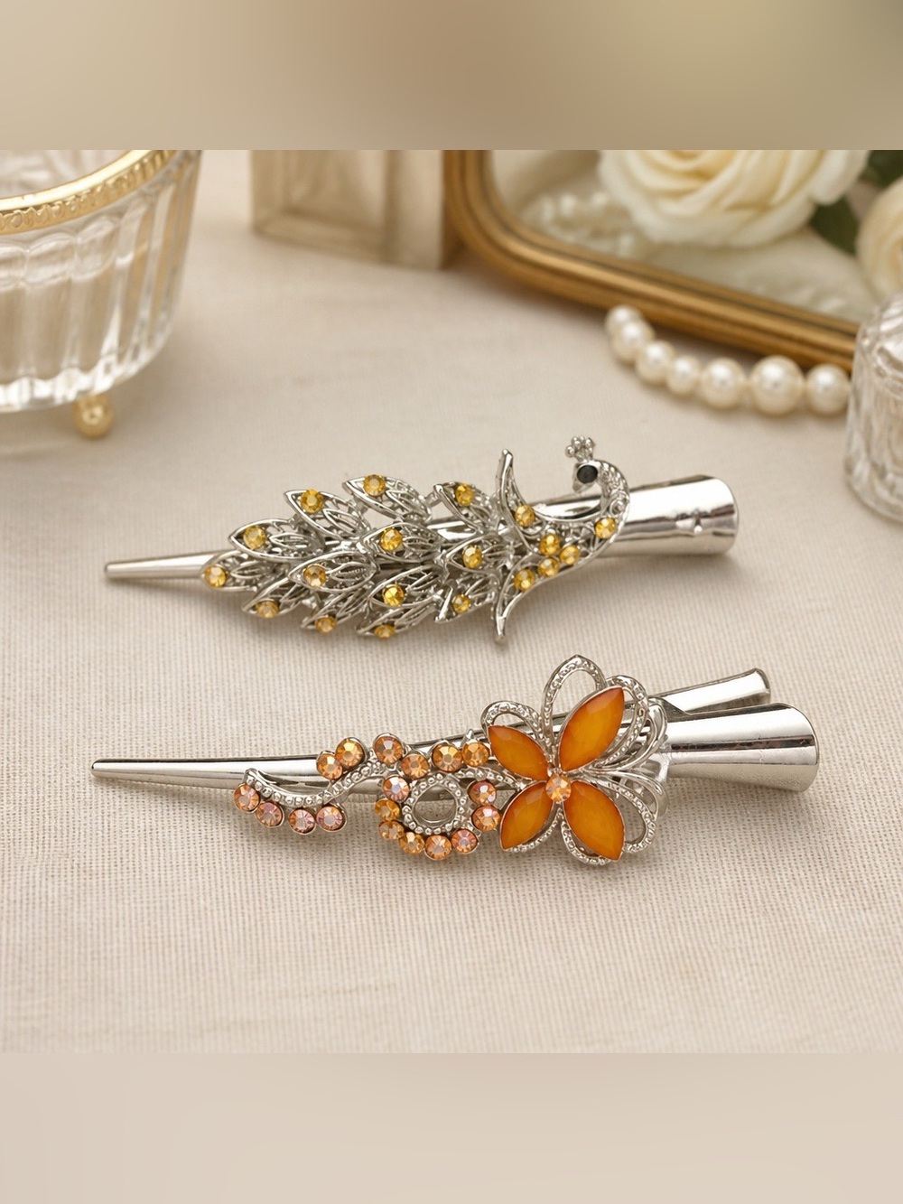 2 Silver-Tone Hair Clamps with Amber & Orange Crystal Accents